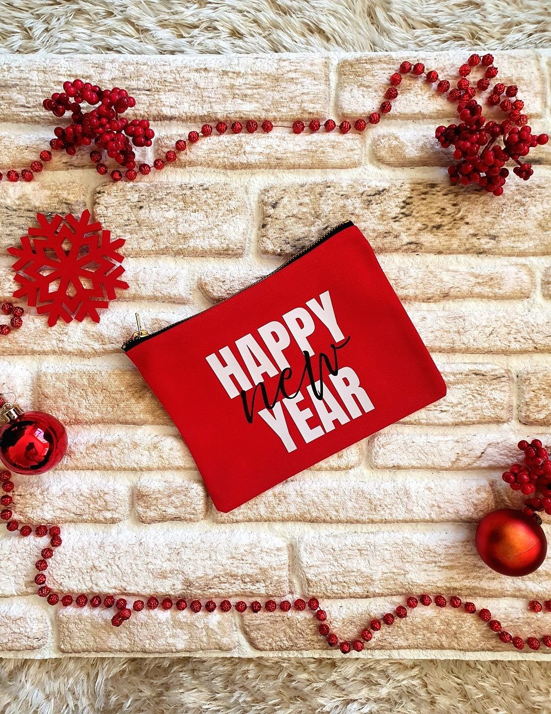 Happy New Year Baskılı Fermuarlı Kanvas Clutch Çanta